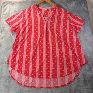 Cato Women’s Blouse 26/28W Red Geo‎ Print High Low Stretch Boho Casual Plus Size